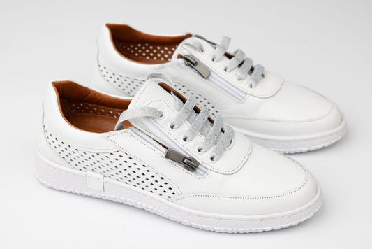 Pantofi damă piele naturală PLSD 03 Alb perforat fermoar