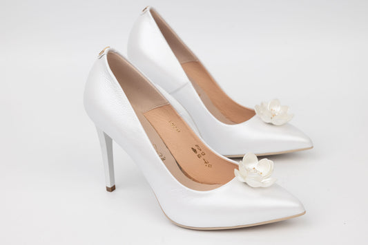 SALA 1810 white genuine leather bridal shoes with water lily flower