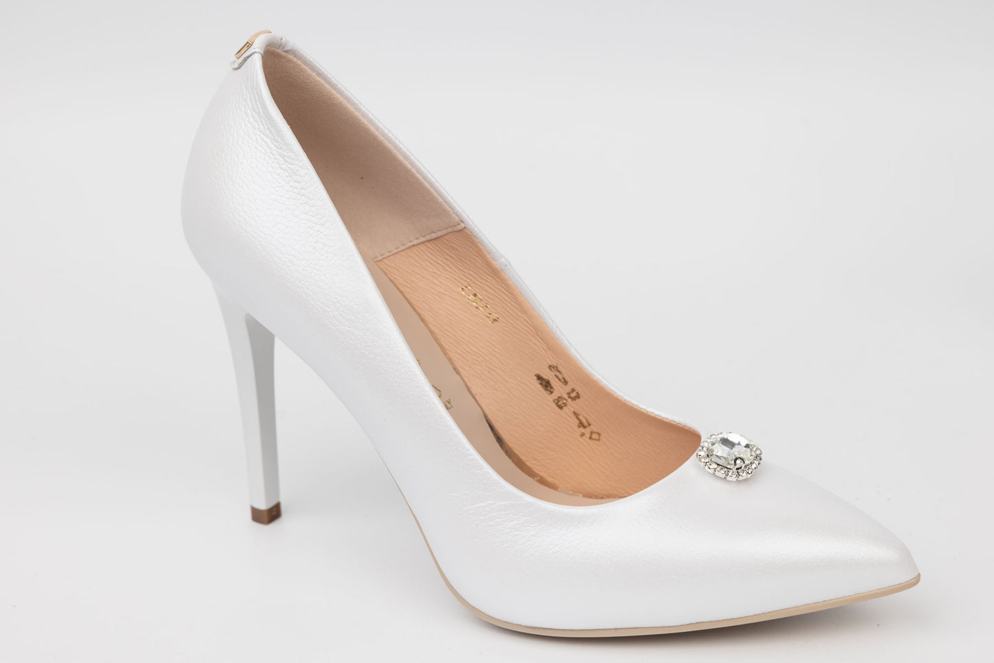 Pantofi mireasa din piele naturală SALA 1810 alb cu cristal mediu