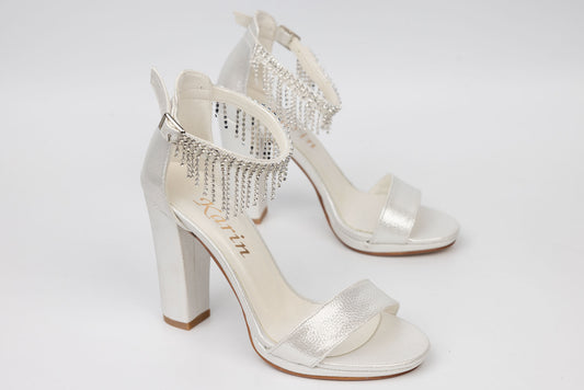 Women's sandals KARIN 6300-1 white croco satin with a crystal necklace