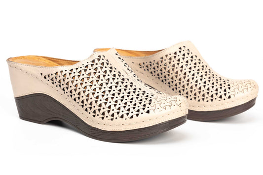 Women's perforated clogs made of genuine leather LSD 162 beige