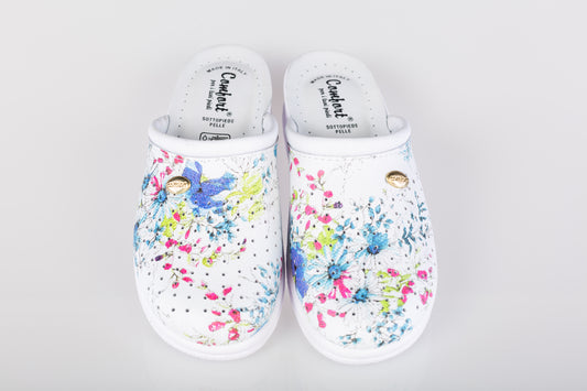 Women's genuine leather clogs DACO 10 blue flowers