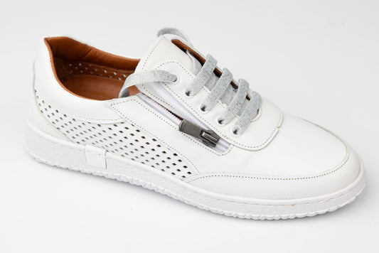 Pantofi damă piele naturală PLSD 03 Alb perforat fermoar