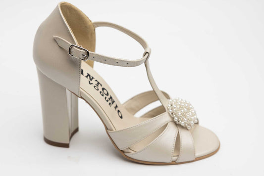 Sandale mireasa piele naturala ANTONIO 910 Bej sidef accesoriu