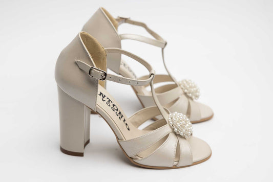 Sandale mireasa piele naturala ANTONIO 910 Bej sidef accesoriu