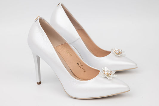 Pantofi mireasa din piele naturală SALA 1810 alb floare cu perle