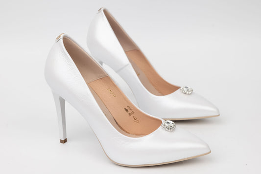 Pantofi mireasa din piele naturală SALA 1810 alb cu cristal mediu