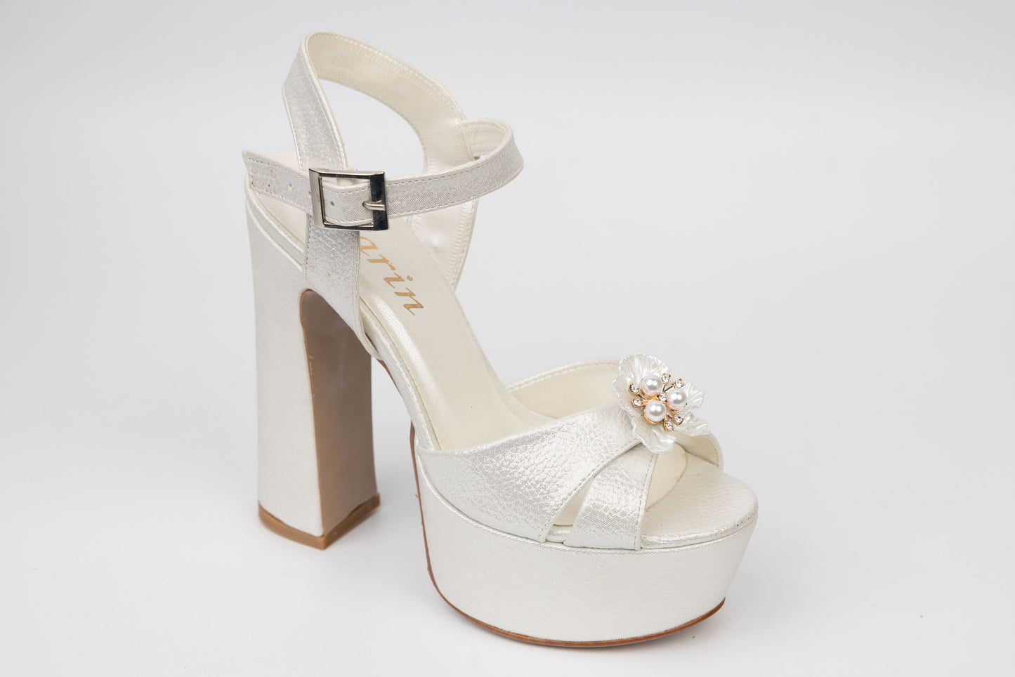Sandale mireasa Karin 7171 alb croco saten floare cu perle
