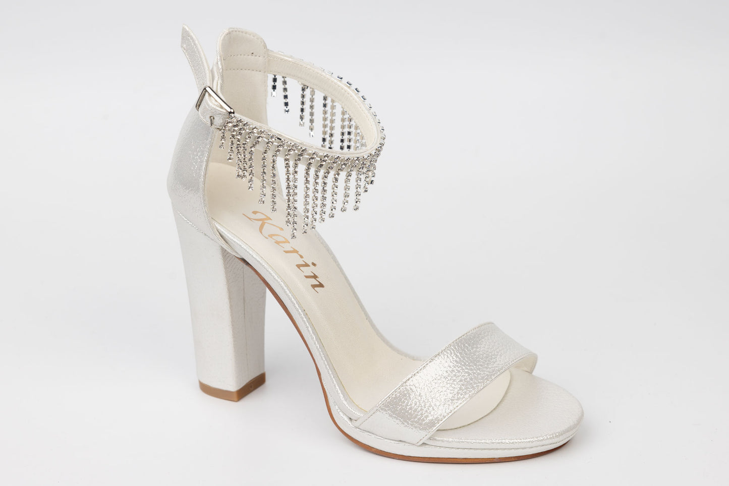 Women's sandals KARIN 6300-1 white croco satin with a crystal necklace