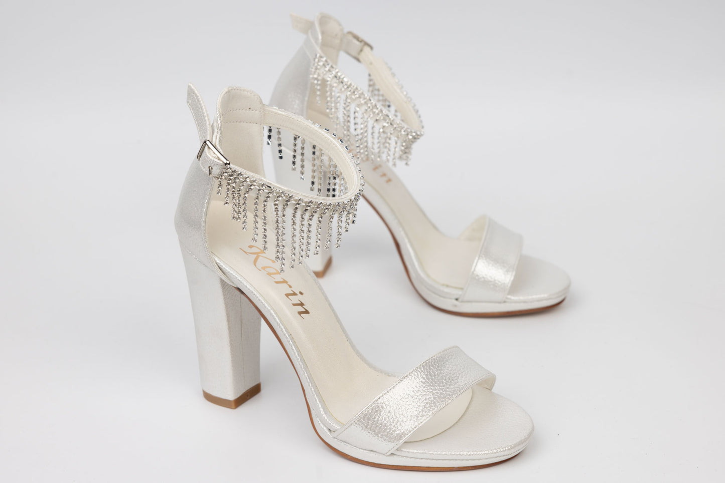 Women's sandals KARIN 6300-1 white croco satin with a crystal necklace