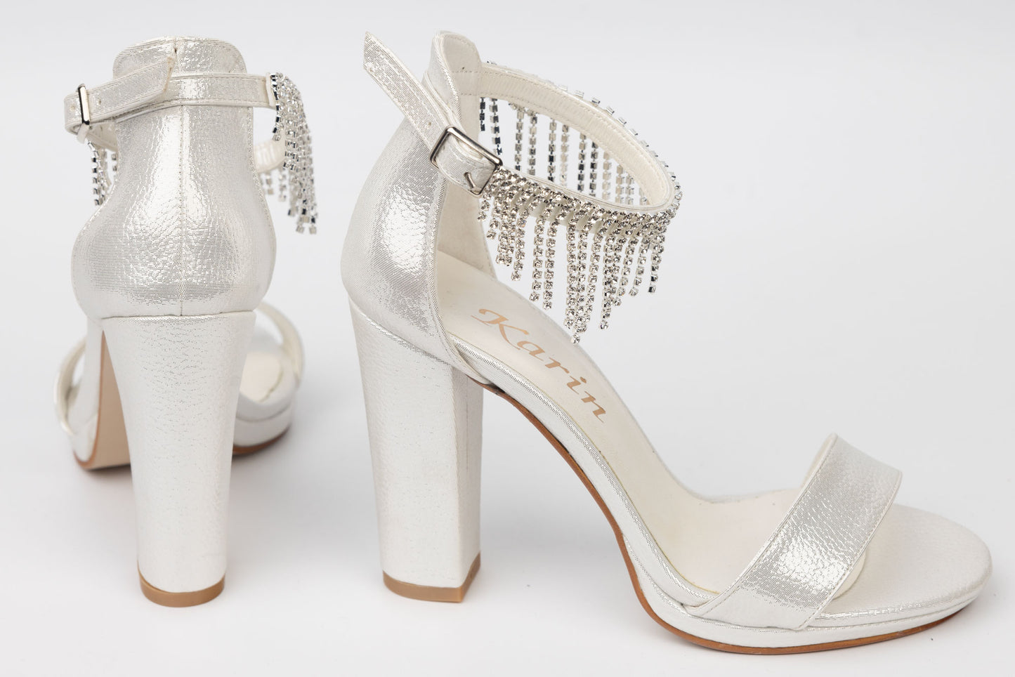 Women's sandals KARIN 6300-1 white croco satin with a crystal necklace