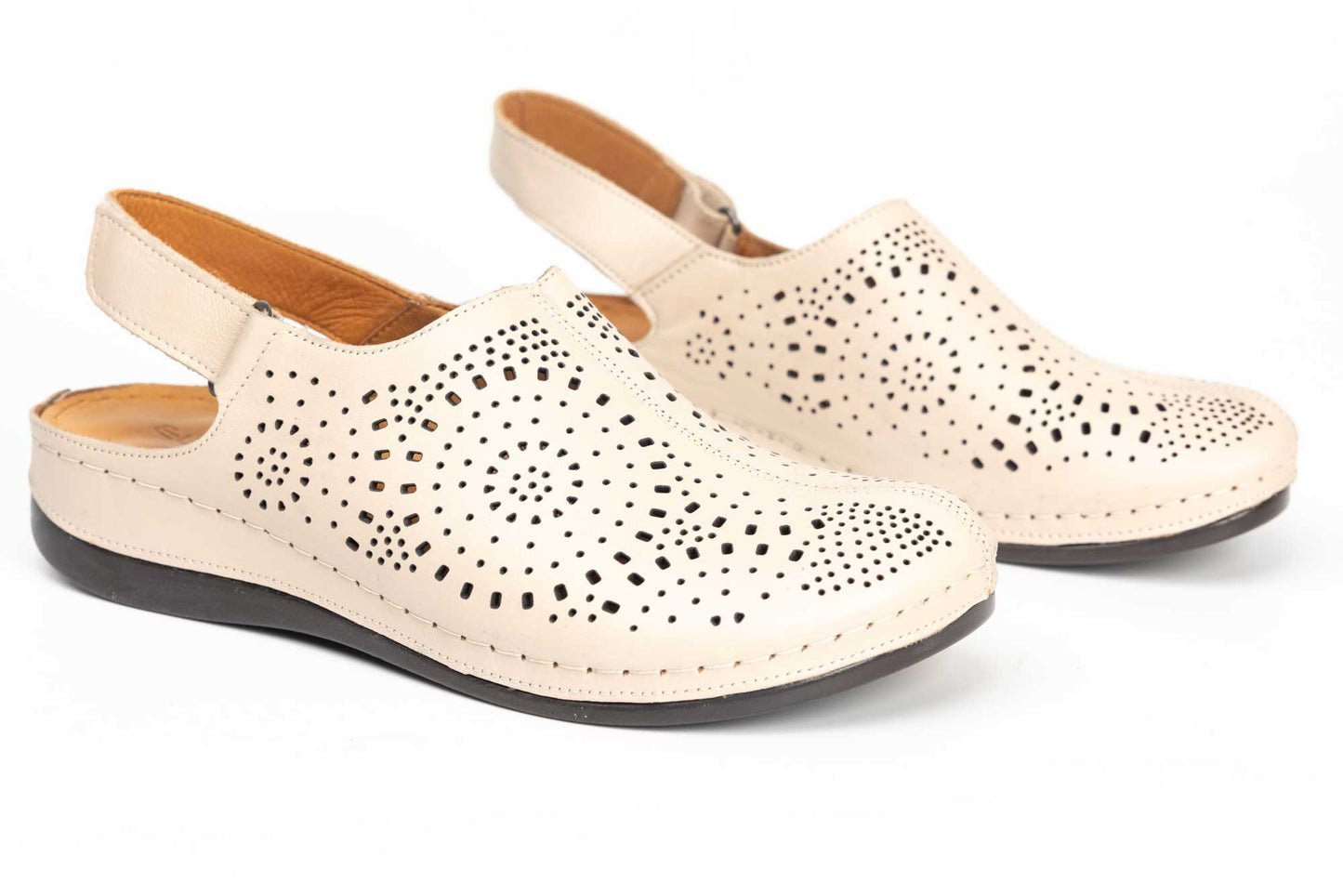 Women's perforated clogs made of genuine leather LSD 322 beige