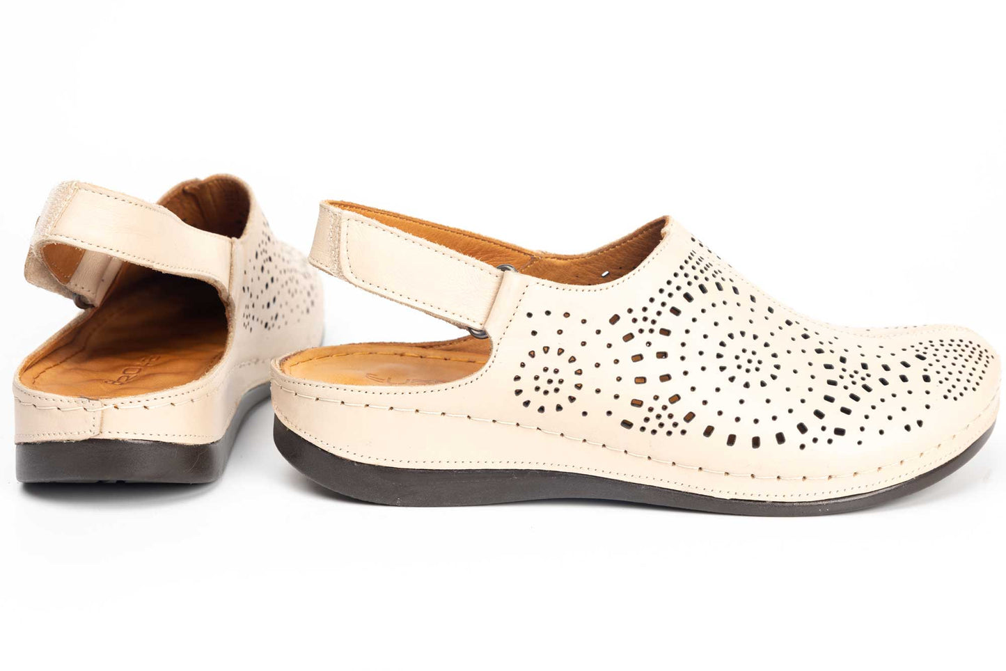 Women's perforated clogs made of genuine leather LSD 322 beige