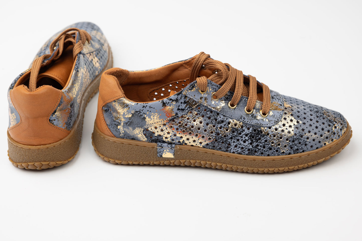 Pantofi dama piele naturală perforata LSD 04 Blue auriu