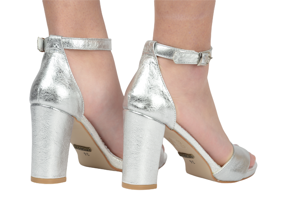 Elegant women's sandals, genuine leather A51, matte silver